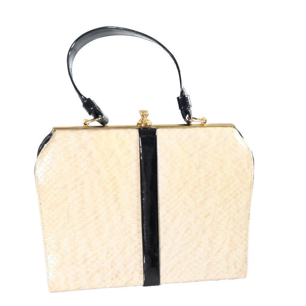 Vintage Women’s Small Cream Black Patent Faux Python Snake Skin Handbag Purse